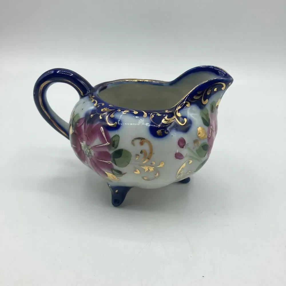 Antique Nippon Flow Blue Floral Creamer & Lidded Sugar Bowl Set Melon Gold Gilt